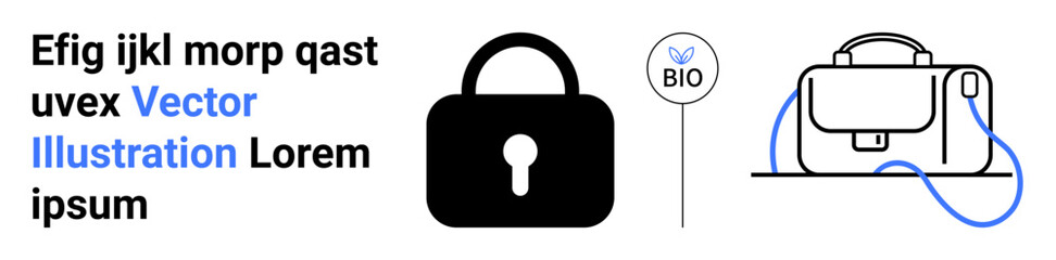 Lock icon represents security. Eco tag signifies sustainability, and the satchel denotes organization. Ideal for digital security, eco-friendly products, fashion, retail, commerce, education