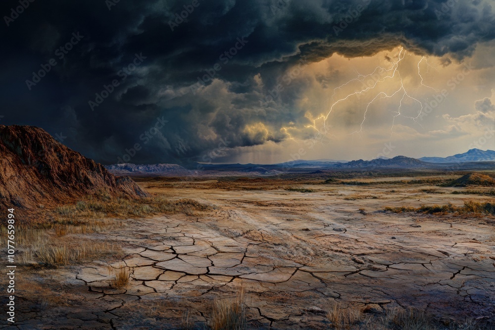 Poster A stark desert terrain shows cracks in the earth as dark storm clouds gather, illuminated by flashes of distant lightning. Generative AI