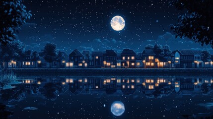 Naklejka premium A picturesque night scene of a town with houses along a lake, illuminated by moonlight and stars.
