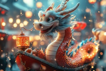 Obraz premium A friendly, cartoon dragon with a red lantern and a glowing background.