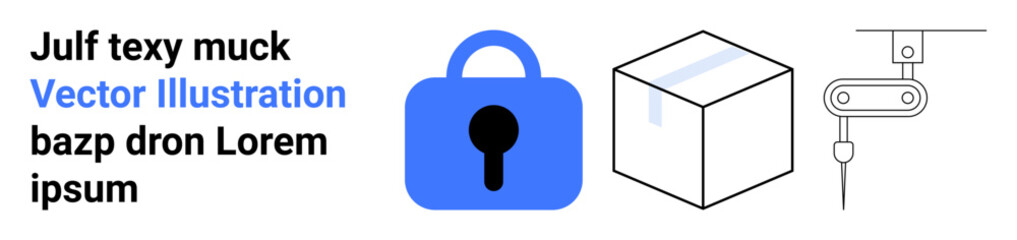 Blue padlock, cardboard box with tape, and mechanical arm with a hook. Ideal for security systems, packaging solutions, industrial automation, logistics, shipping, warehouse management