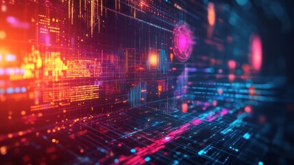 Fototapeta premium Abstract digital background with glowing lines and data streams.