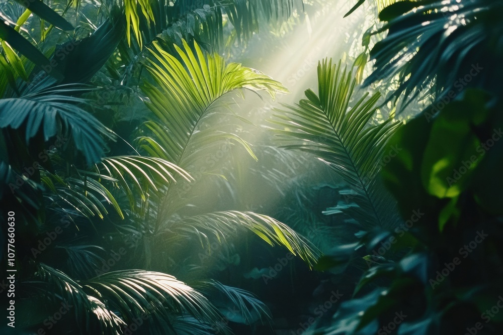 Poster sunbeams illuminate the vibrant foliage of a tropical forest, creating a serene atmosphere during th