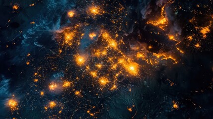 Satellite images of the night sky reveal city lights and how they light up Earth surface. Explore the contrast of darkness and artificial