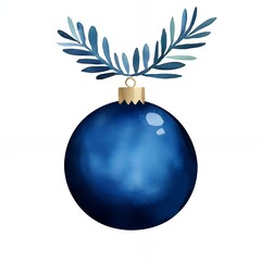 Watercolor illustration of a blue Christmas ornament with gold accents and a sprig of evergreen.