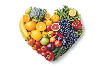 Fruits and vegetables concept, Fruits and vegetables in heart shape on white background.