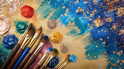 Fototapeta premium Gold and blue paint jars with brushes, vibrant artistic tools and supplies, colorful and creative design, shimmering art accents, modern painting background