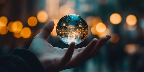 Fototapeta premium Hand Holding Crystal Ball with Blurred Lights in the Background