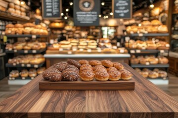 Wooden Table top with blurred background of bakery shop. Generative ai , isolated on white background,  , copy space, copy space for text,