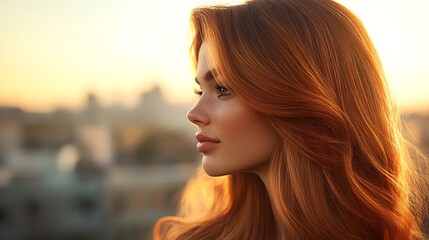 Elegant side profile of a hair model with long, glossy hair cascading over her shoulder, captured at sunset with a warm golden light, outdoor setting with a slightly blurred cityscape background,
