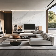 overview over the Minotti sofa in big living room that is high detailed contemporary modern Minotti brand style, tv wall, bright white walls, art and designer decor furniture pieces, generative ai