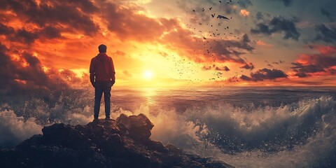 Obraz premium Silhouette of a man standing on a cliff watching the sunset over the ocean.