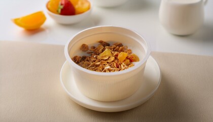 A bowl of granola with milk and fruit.