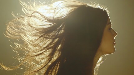 Naklejka premium Hair model flipping her hair in slow motion, strands of hair catching the light, dynamic movement against a minimalist backdrop, studio lighting highlighting the silky texture and shine,