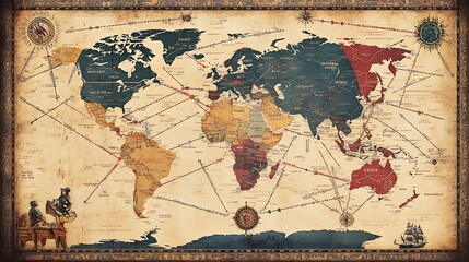 World map with arrows connecting different countries showing global trade routes 
