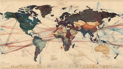 World map with arrows connecting different countries showing global trade routes 

