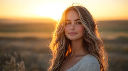 Fototapeta premium Hair model standing at the edge of a field, her long, wavy hair glowing in the soft golden hour light, strands catching the sun’s warm glow, blurred background with warm sunset tones,