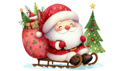 cute joyful santa claus, isolated clipart, cut out elements for christmas design. Sleigh, gifts, xmas tree png