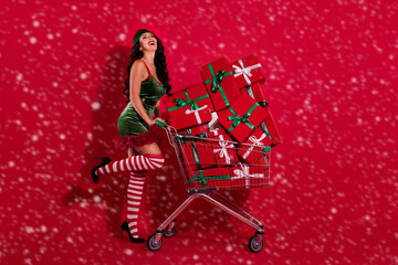 Photo of funny stunning mistress prepare x-mas lusty shopping wear hat elf costume isolated red...