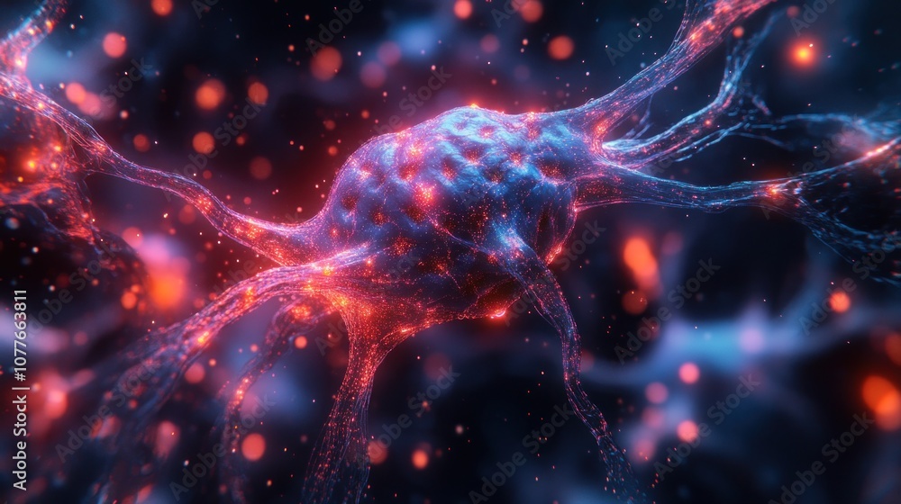 Aufkleber a 3d rendering of a neuron cell with glowing red and blue lights.