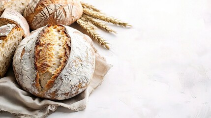 Obraz premium Freshly Baked Artisan Loaf of Homemade Bread Isolated on a Rustic Background with Wheat Ears, Perfect for Cooking and Baking Photography