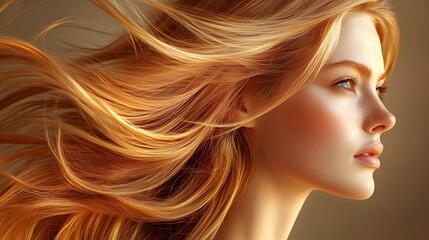Obraz premium Hair model turning her head gracefully, her long, wavy hair flowing in mid-motion, illuminated by soft sunlight, capturing the dynamic movement and natural shine,