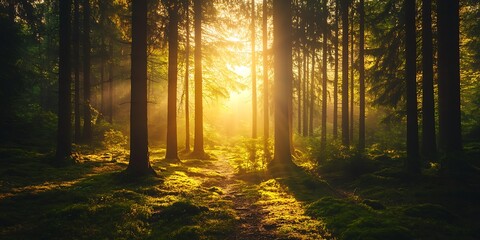 Obraz premium Golden Sunrise through Forest Trees