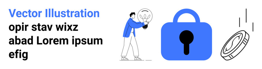 Man holding a lightbulb, blue padlock symbolizing security, falling coin representing finance. Ideal for financial security, innovation, technology, online protection, business solutions, fintech