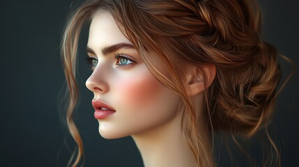 Fototapeta premium Hair model with a stylish, loose updo, soft tendrils framing her face, illuminated by warm studio lighting, healthy shine highlighting the texture of the hair,