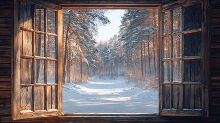 Beautiful serene view of the winter forest through open old wooden window. Snow on the ground and trees on a sunny day © EarthWalker
