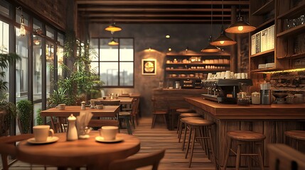 Rustic Coffee Shop Interior with Wooden Furniture and Exposed Brick Wall