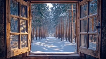 Beautiful serene view of the winter forest through open old wooden window. Snow on the ground and trees on a sunny day