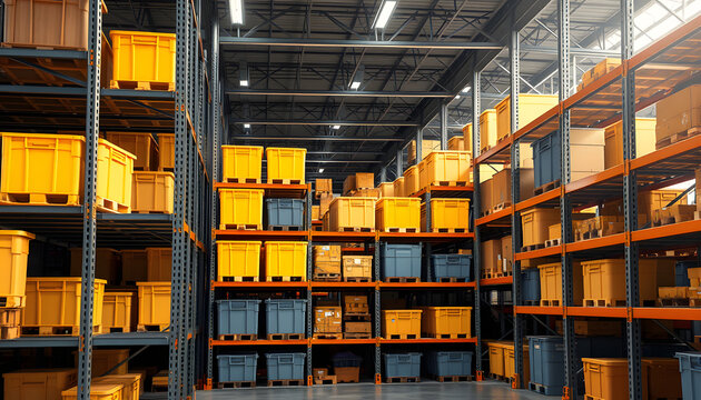 plastic boxes in the cells of the automated warehouse. Metal construction warehouse shelving isolated with white highlights, png