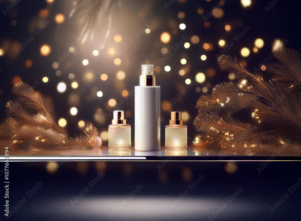 Poster three bottles of lotion and a spray bottle are displayed on a reflective surface. a background of wa