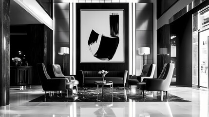 A modern lobby, dressed in monochrome elegance, accented by an artistically bold poster, whispers of style and design. Monochrome. Illustration