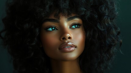 Portrait of a hair model with large, glamorous curls, soft lighting emphasizing the glossy surface and texture, dark studio setting for dramatic contrast, curls framing the model’s face,