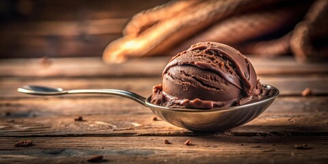 Fototapeta premium A scoop of rich chocolate ice cream rests on a silver spoon, a decadent dessert tempting the senses on a rustic wooden table.