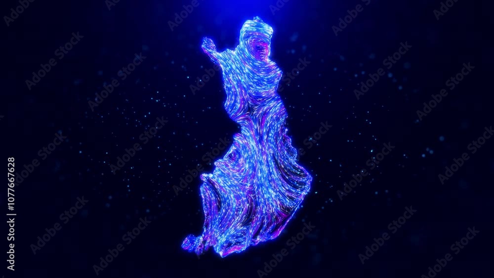 Poster abstract motion view finland map design, featuring glowing blue hairlines, dynamic flowing patterns,