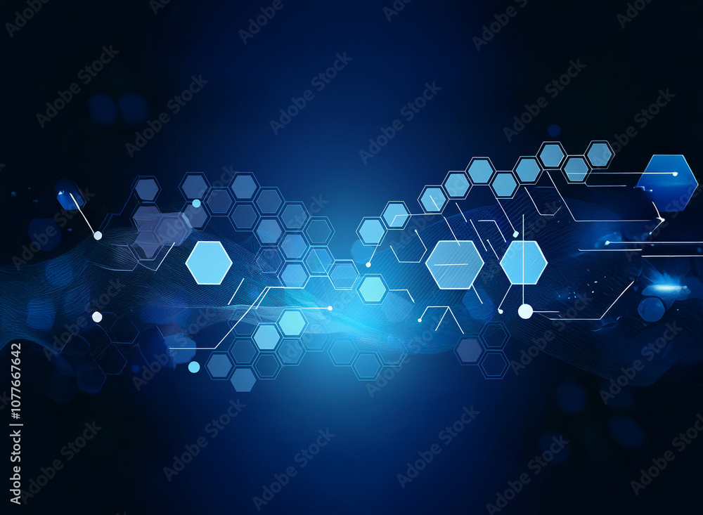 Poster an abstract digital design with a wavy pattern of hexagons, lines, and dots on a dark blue backgroun