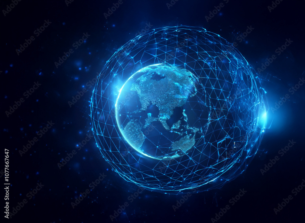 Poster a stylized depiction of the earth enveloped in a network of interconnected lines and nodes, symboliz