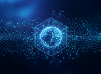 A glowing, digital earth sits within a hexagon, surrounded by abstract waves of data.