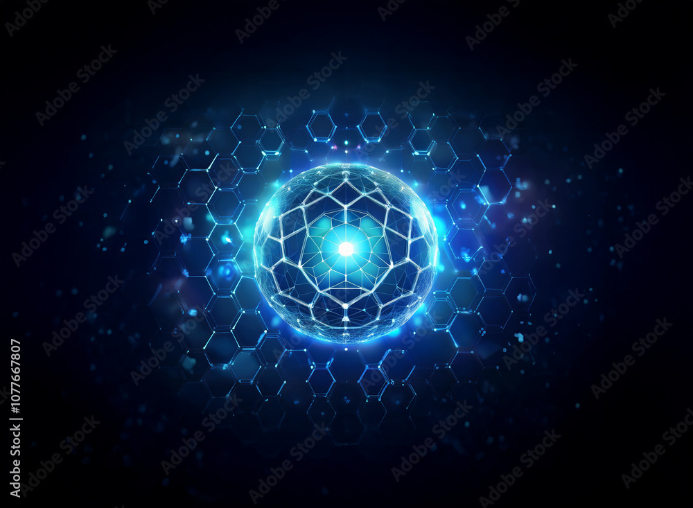 Poster a glowing blue sphere with a network of lines, surrounded by a hexagonal pattern, against a dark bac