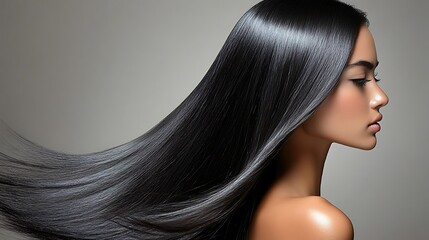 Fototapeta premium Side profile of a hair model with straight, silky hair flowing down, strands reflecting studio lights, emphasis on the smooth texture and natural shine, clean white studio background,