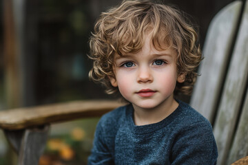 A young Caucasian boy with curly hair sits on a wooden chair outdoors, gazing intently at the camera, wearing a blue sweater.