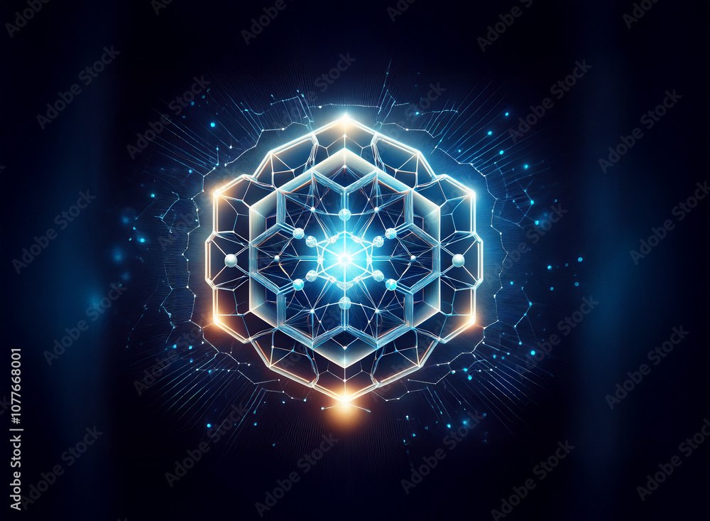 Aufkleber a glowing geometric shape with lines and points of light against a dark background.