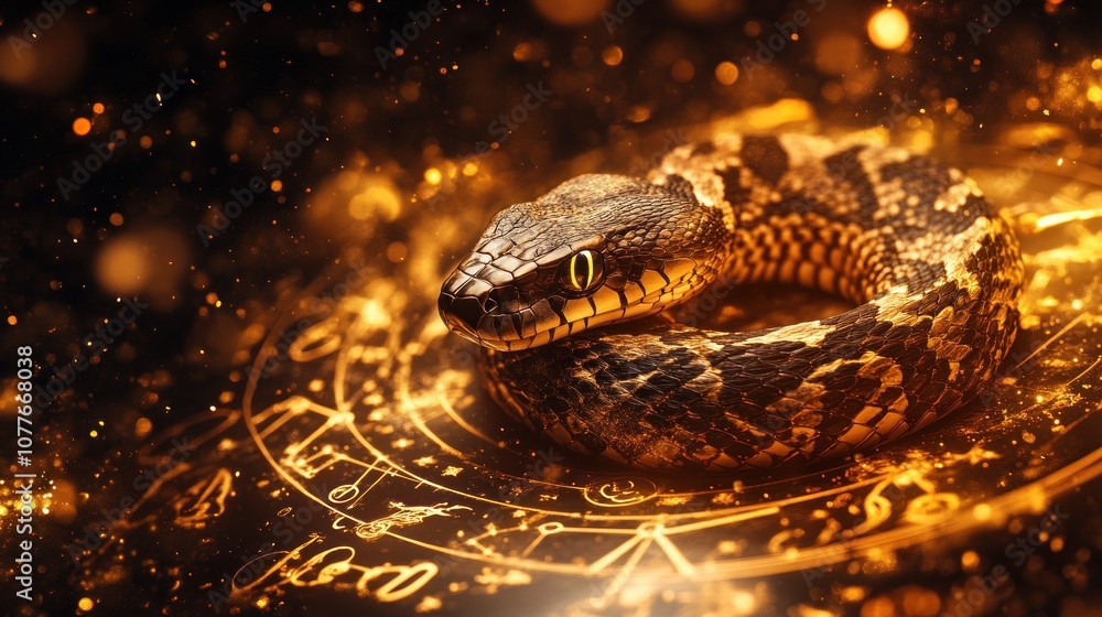 Poster a snake with green eyes is coiled on a circular pattern of symbols and glowing lights.