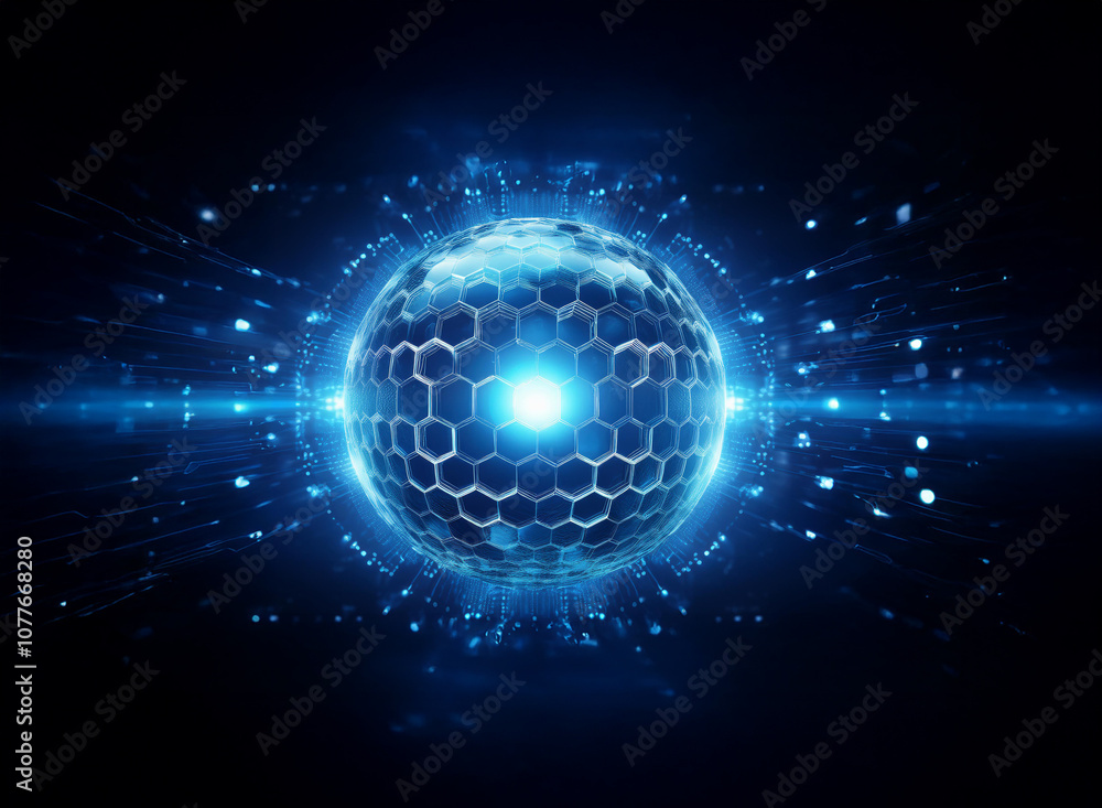 Aufkleber a glowing blue sphere with a hexagonal pattern surrounded by streaks of light and a dark background.