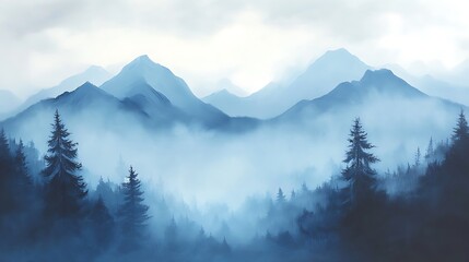 Fototapeta premium Misty Mountain Range with Silhouetted Pine Trees