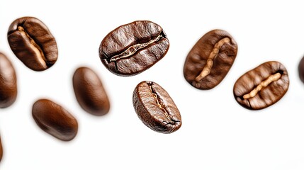 Close-up of Roasted Coffee Beans Falling on White Background