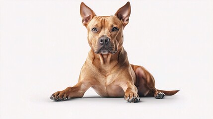 Obraz premium Stunning Brown Pitbull Dog Lying Down with Alert Expression Against a Clean White Background, Perfect for Pet Lovers and Animal Enthusiasts